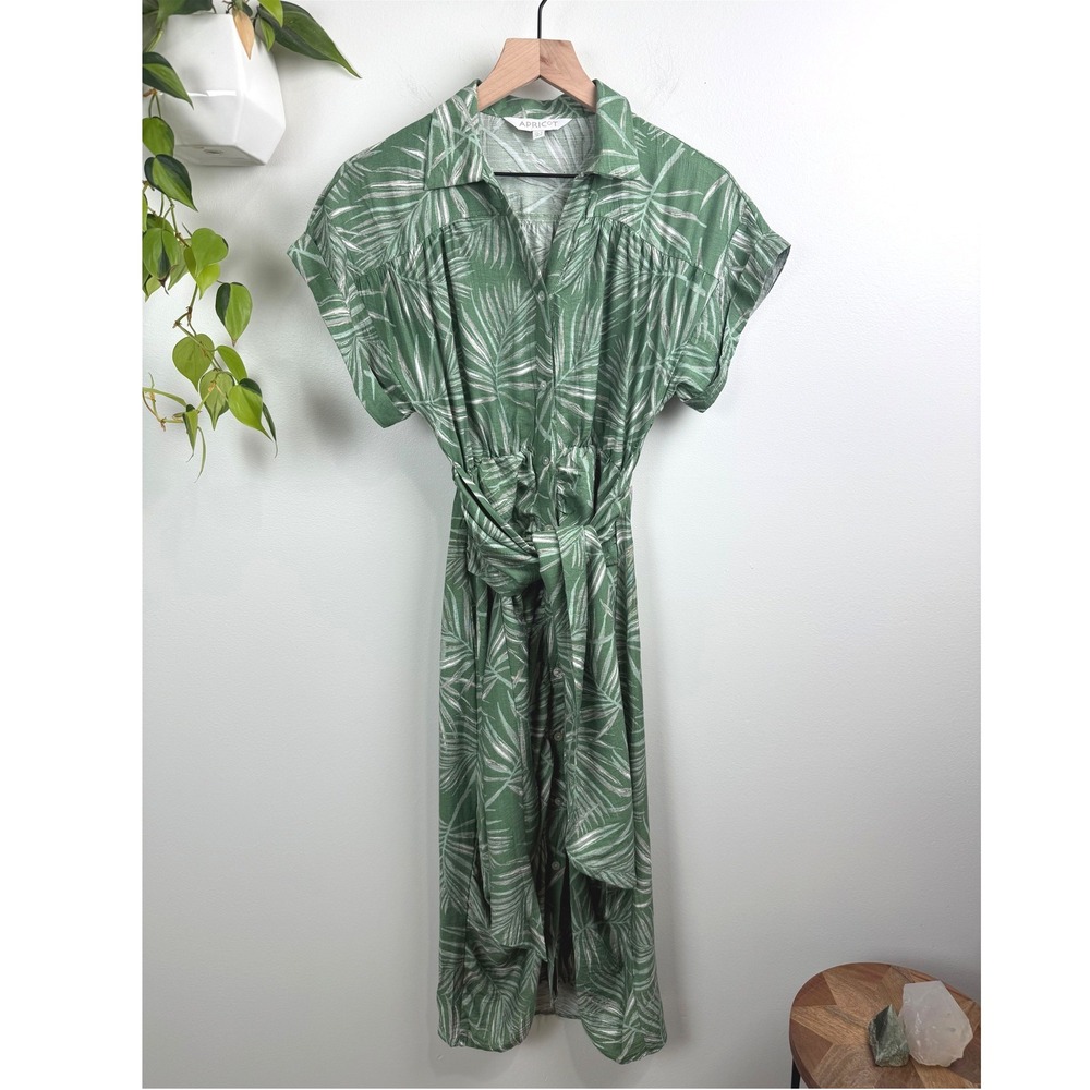 Apricot Palm Leaf Shirt Midi Dress Green Tropical Button Front Tie Waist Size 6